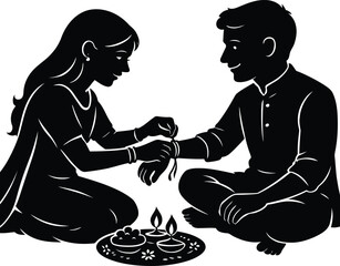 Raksha Bandhan Silhouette | Sister Tying Rakhi to Brother | Indian Traditional Festival Vector