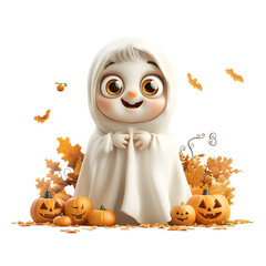 Whimsical 3D rendering of a friendly cartoon style ghost surrounded by autumn leaves and pumpkins on an isolated white background
