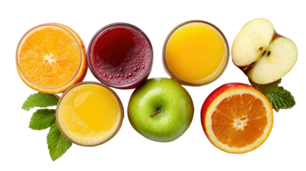 Fresh Organic Fruit Juices: A flat lay of fresh organic fruit juices like orange juice and apple juice, isolated on a Transparent background, PNG file.