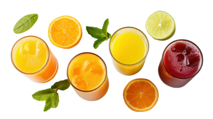 Fresh Organic Fruit Juices: A flat lay of fresh organic fruit juices like orange juice and apple juice, isolated on a Transparent background, PNG file.