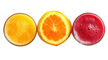 Fresh Organic Fruit Juices: A flat lay of fresh organic fruit juices like orange juice, apple juice, and carrot juice, isolated on a Transparent background, PNG file.