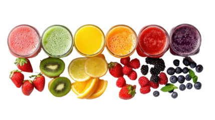 Fresh Organic Fruit Juices: A flat lay of fresh organic fruit juices in glasses with fresh fruits on the side, isolated on a Transparent background, PNG file.