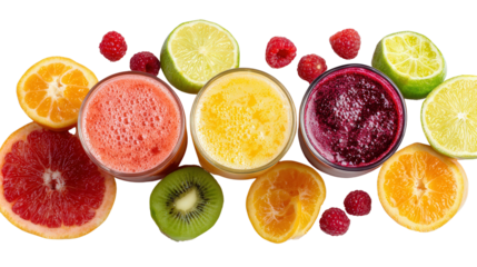 Fresh Organic Fruit Juices: A flat lay of fresh organic fruit juices in glasses with fresh fruits on the side, isolated on a Transparent background, PNG file.