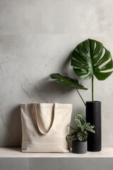 Minimalist hessian tote and plants on linen, warm lighting with terracotta pot and monstera leaf, neutral palette for high-end brand campaigns