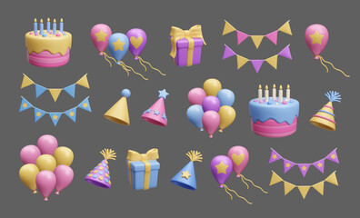 Big bundle of different 3D style Happy Birthday party decoration set. Party hat, gift box, air balloon bunch, flag garland banner, birthday cake dessert 3D render icon set isolated on dark background.