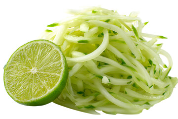 A pile of shredded lime zest with a fresh lime half isolated on white on transparent background