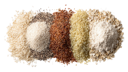 Fresh Organic Grains: A flat lay of fresh organic grains like quinoa, rice, and oats, isolated on a Transparent background, PNG file.
