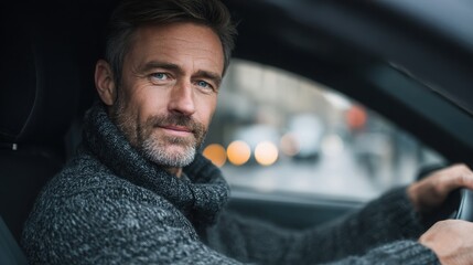 Stylish middle-aged man behind the wheel, showing focus and determination while driving a sleek vehicle in daylight conditions.