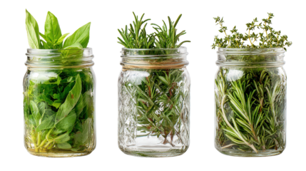 Fresh Organic Herbs in Jars: A flat lay of fresh organic herbs like rosemary, basil, and thyme in glass jars, isolated on a Transparent background, PNG file.
