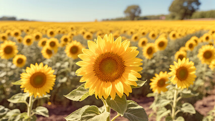 sunflower with bright yellow petals and a brown center is standing in the middle of a vast sunflower field.