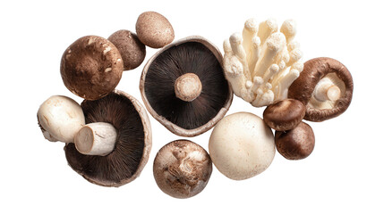 Fresh Organic Mushrooms: A flat lay of fresh organic mushrooms like portobello and shiitake, isolated on a Transparent background, PNG file.