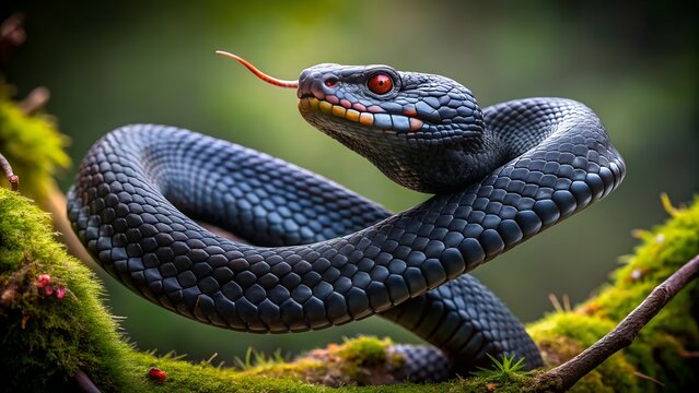 A black viper snake with red eyes coils on a mossy branch in a forest
