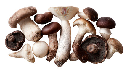 Fresh Organic Mushrooms: A flat lay of fresh organic mushrooms like portobello and shiitake, isolated on a Transparent background, PNG file.