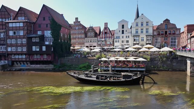 View of Stintmarkt the old harbor in Luneburg city, Germany