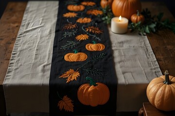 Handmade Halloween Table Runner with Pumpkin and Leaf Embroidery – Linen Fabric Flat Lay with Vintage Sewing Props

