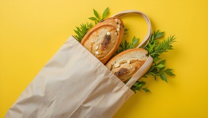 Yellow Background with Eco Bag Holding Bread and Greens