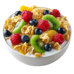 A vibrant bowl of cereal topped with fresh raspberries, blueberries, kiwi, and orange slices on transparent background