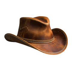 Classic brown leather cowboy hat with white stitching isolated on transparent background