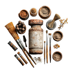 A collection of ceramic sculpting tools including carving instruments shaping tools brushes and other accessories arranged on a white background