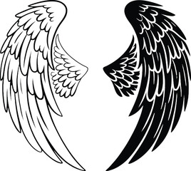 Fototapeta premium Black and white stylized angel wings; contrasting light and dark; symbolic duality; vector illustration.