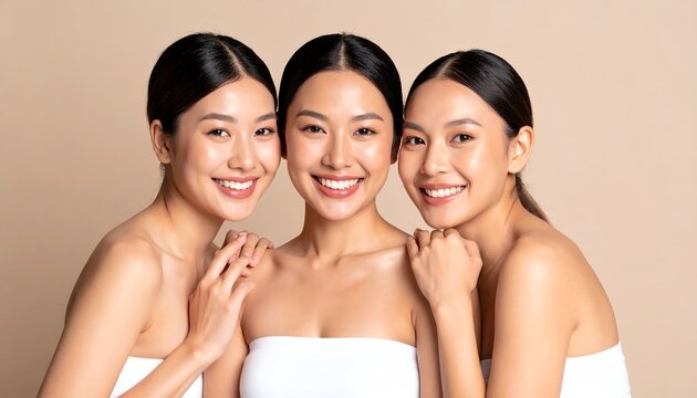 Three smiling asian women posing together in a bright setting radiating joy and friendship with their natural beauty - Powered by Adobe