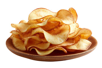 A pile of golden brown, crispy dried apple chips on a wooden plate on transparent background