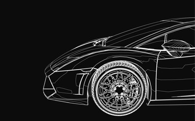 Naklejka premium Car in detailed black and white line art, showcasing aggressive angles and aerodynamic design. The high-performance sports car stands out against a sleek black.