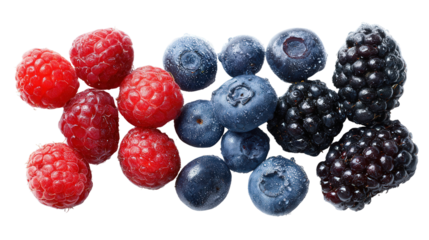 Fresh Seasonal Berries: A flat lay of fresh seasonal berries like raspberries, blueberries, and blackberries, isolated on a Transparent background, PNG file.