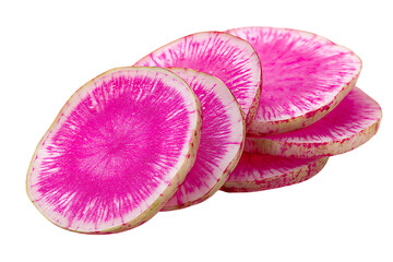 On transparent background a stack of five colorful watermelon radish slices is presented on a white surface