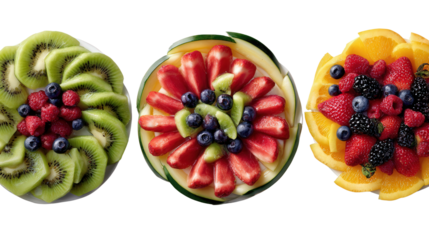 Fresh Seasonal Fruit Platters: A flat lay of fresh seasonal fruit platters with slices of melon, kiwi, and berries, isolated on a Transparent background, PNG file.