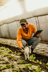 Farmer cuddling cat while inspecting crops in greenhouse using tablet