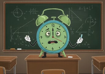 Anxious alarm clock character standing on a desk in front of a blackboard with math equations
