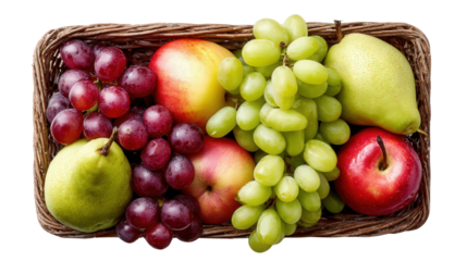 Fresh Seasonal Fruits in Basket: A flat lay of fresh seasonal fruits like apples, pears, and grapes in a basket, isolated on a Transparent background, PNG file.