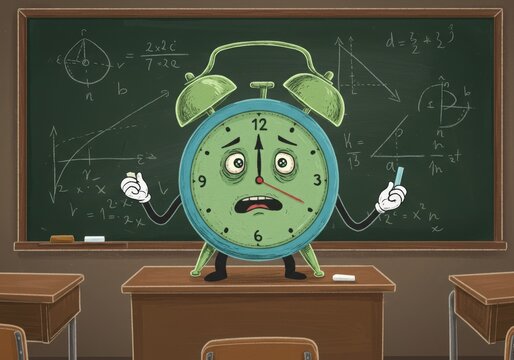 Anxious alarm clock character standing on a desk in front of a blackboard with math equations