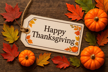 Overhead shot of a “Happy Thanksgiving” tag surrounded by pumpkins, autumn leaves on a wooden surface. Ideal for Thanksgiving cards, social media, and seasonal greetings. Thanksgiving greeting card