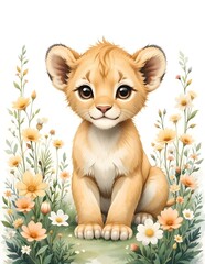 Fototapeta premium Adorable Lion Cub Among Pastel Flowers – Charming Whimsical Animal Illustration