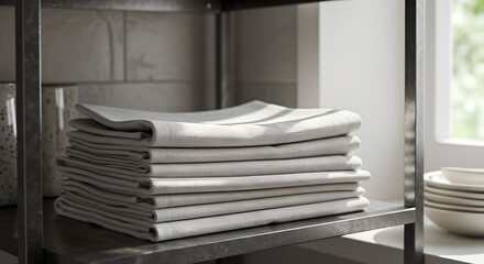 Stacked linen towels on metal shelf in modern kitchen interior  
