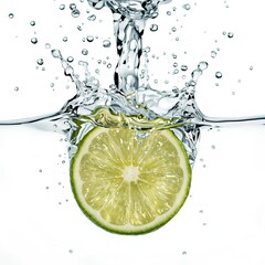 a single, vibrant green lime wheel slice plunging into clear