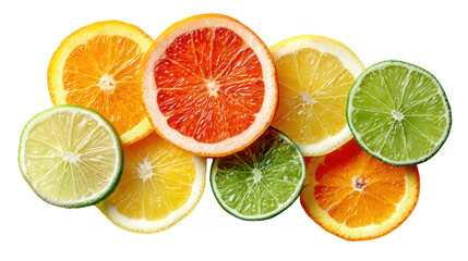Fototapeta premium Fresh Sliced Citrus Fruits: A flat lay of fresh sliced citrus fruits like oranges, lemons, and limes, isolated on a Transparent background, PNG file.