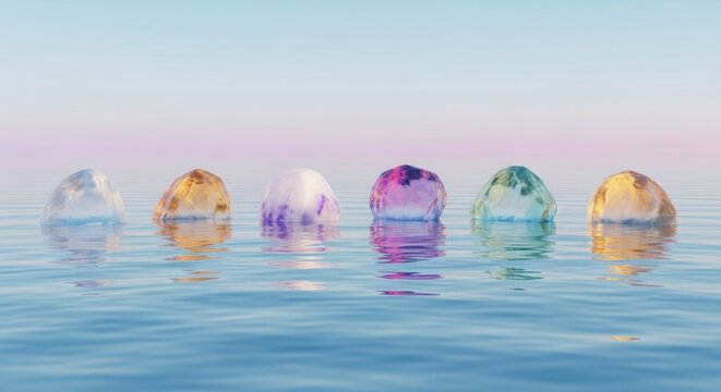 A line of translucent, colorful, and glowing abstract shapes resembling jellyfish float peacefully on calm water under a pastel sky - Powered by Adobe