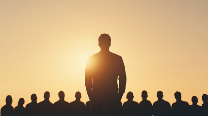 Silhouette of a leader facing forward, with a crowd silhouetted against a golden sunset. Symbolizes vision, teamwork, direction, and collective achievement.