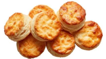 Freshly Baked Biscuits: A flat lay of freshly baked biscuits with golden-brown crusts, isolated on a Transparent background, PNG file.