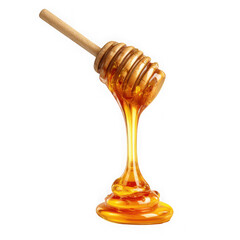 Honey dripping with dipper on white background