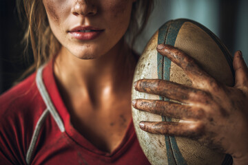 Female rugby player after intense match holding ball with muddy hands Women in college sports.