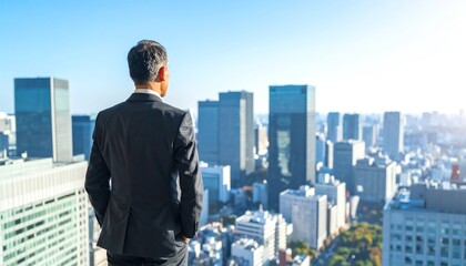 Plakat Businessman standing confidently while overlooking a bustling city, capturing a moment of professional ambition and vision