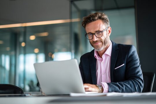 Mature professional man using laptop in modern office lounge, portraying remote work, business confidence, and digital productivity.