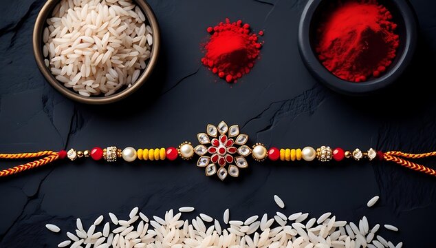 Elegant Rakhi with Roli Chawal,
Traditional Rakhi Tying Ritual,
Raksha Bandhan Essentials,
Festive Rakhi Flatlay,
Simple Rakhi with Red Kumkum