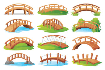 Collection of various wooden arched garden bridges over water and grass
