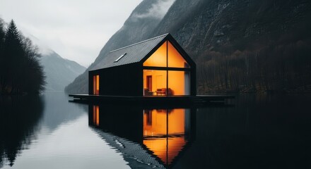 A modern, dark cabin with glowing orange windows sits on the water, reflecting in the calm lake surrounded by misty mountains