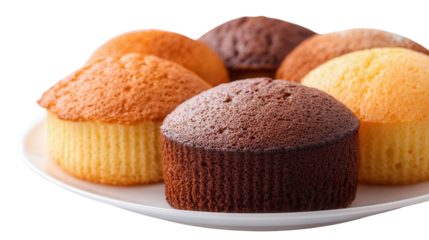 Freshly Baked Cakes on White Plate: A flat lay of freshly baked cakes like chocolate and sponge cake, isolated on a Transparent background, PNG file.